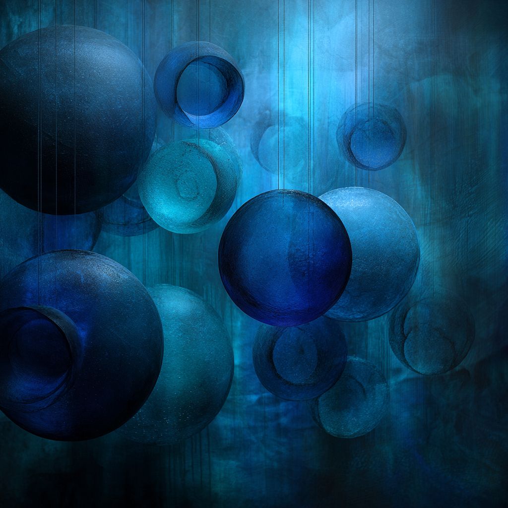 Blue Echoes: generative artwork of translucent blue and teal spheres suspended on fine threads against a deep blue field.