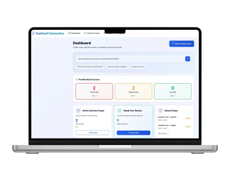 Contract Connection dashboard showing contract review workflows and analysis screens