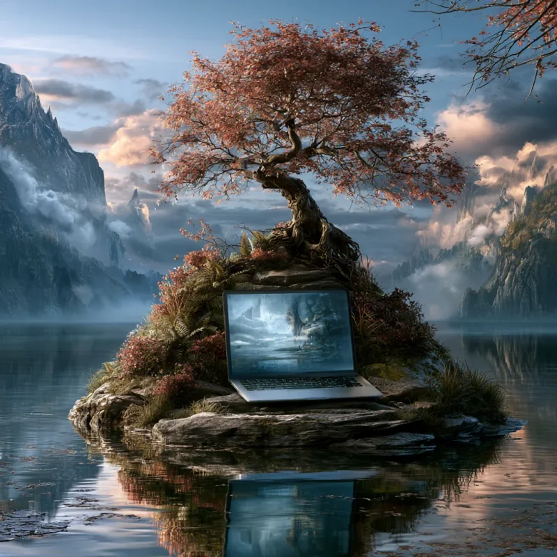 A laptop on a small misty island, with a tree and mountains reflected in still water