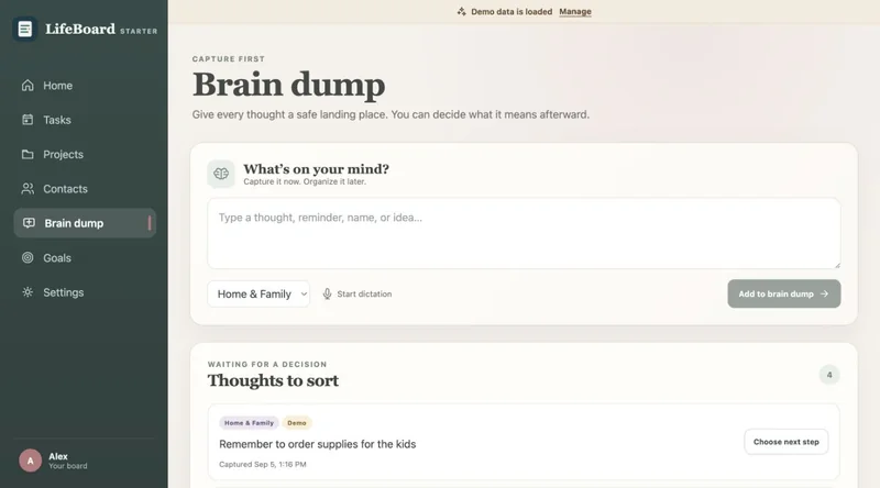 LifeBoard brain dump with an input area and a fictional thought waiting to be turned into a task