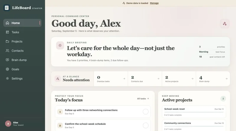 LifeBoard Starter dashboard with a daily briefing, priorities, and active projects using fictional demonstration data