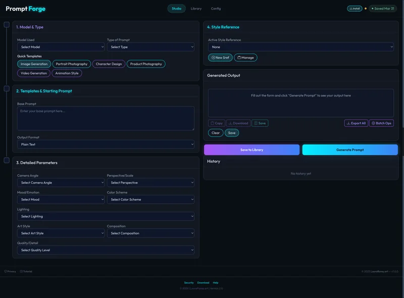 PromptForge interface showing prompt generation controls and saved prompt workflow